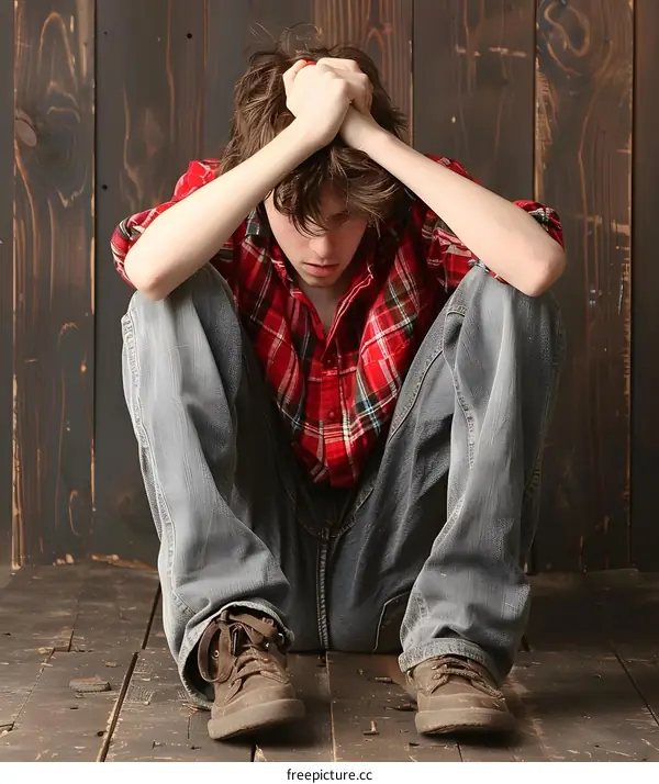 Young Man Sitting With Hands On His Head in Sadness