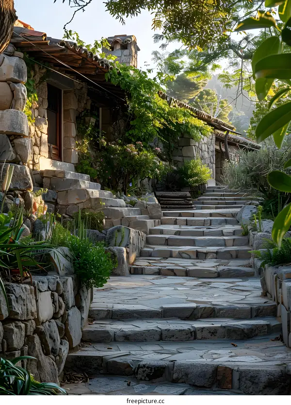 Stone Steps Leading to a Stone House