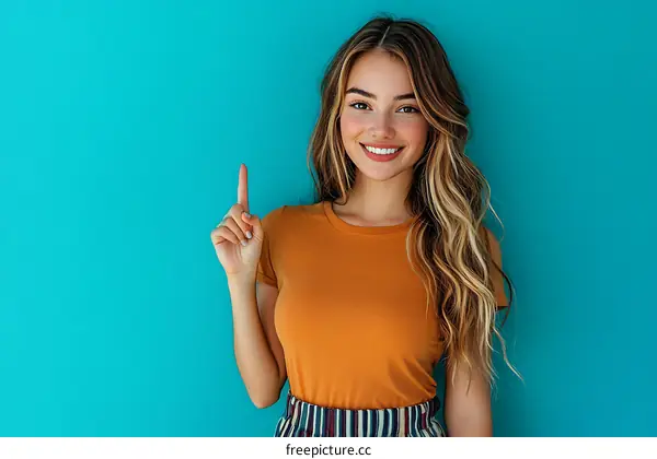 Woman pointing,  Smiling woman,  Positive attitude,  Studio portrait,  Casual wear