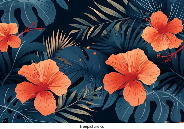 Tropical Floral Pattern with Hibiscus and Palm Leaves