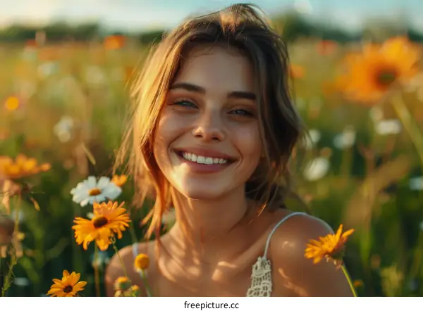 Smiling Woman in a Field of Flowers