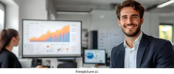 Smiling Businessman Portrait with Chart on Monitor in Background