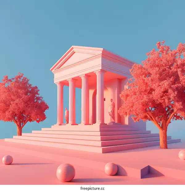 Minimalist 3D Illustration of a Pink Temple with Columns