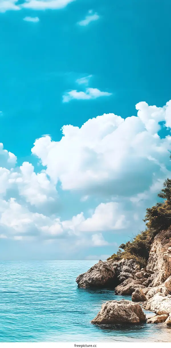 Beautiful Blue Ocean Coast with Rocks and Clouds