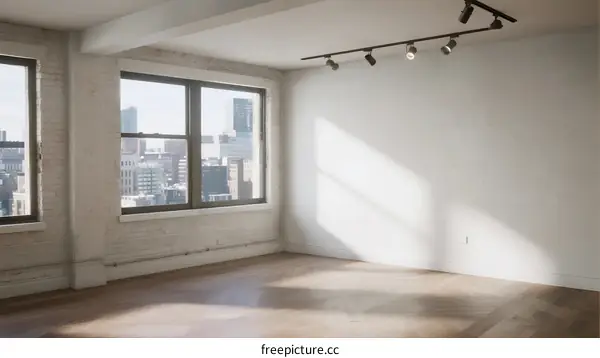 Spacious empty room with large windows and track lighting