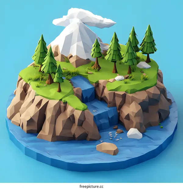 Low Poly Mountain Landscape with Waterfall
