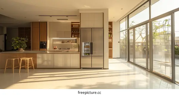 An elegant kitchen with a large island and stainless steel appliances