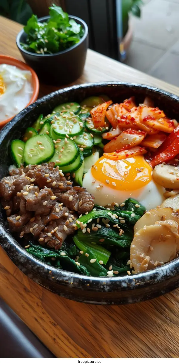 Authentic Korean Bibimbap with Beef, Egg, Cucumber, Kimchi and Spinach