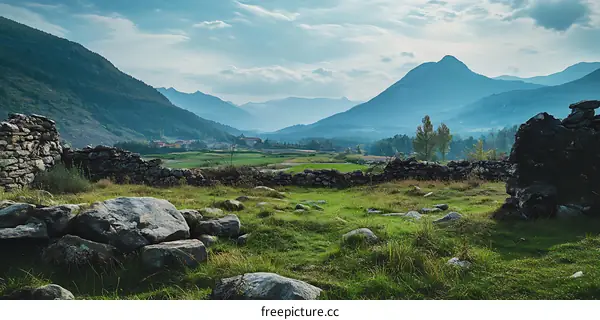 Stone Wall Ruins With Mountain View in the Distance