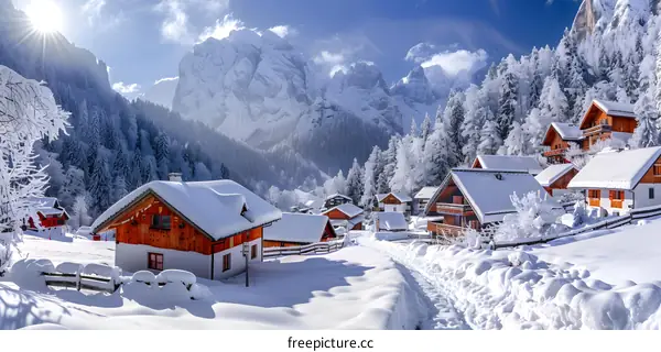 A winter wonderland of snow-covered houses in a mountain valley.