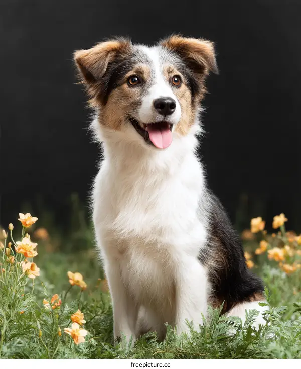 Adorable Border Collie Puppy in a Floral Garden Setting