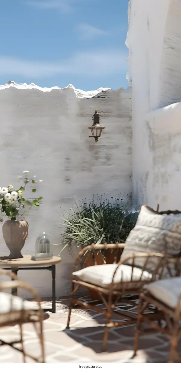 White Wall Patio With Rattan Chairs