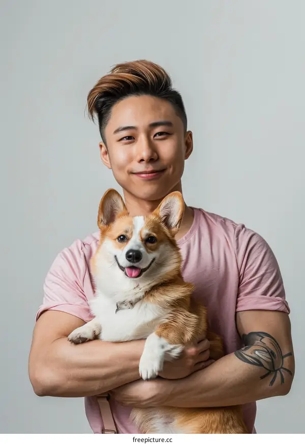 Portrait of a young Asian man with a happy dog