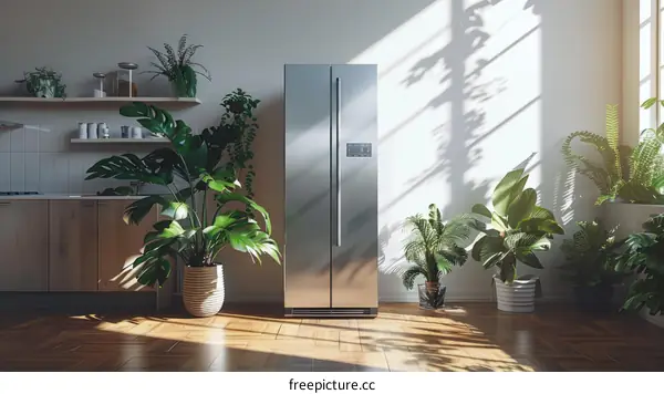 Modern silver refrigerator in a kitchen with green plants