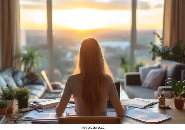 Woman working from home looking out at the sunset