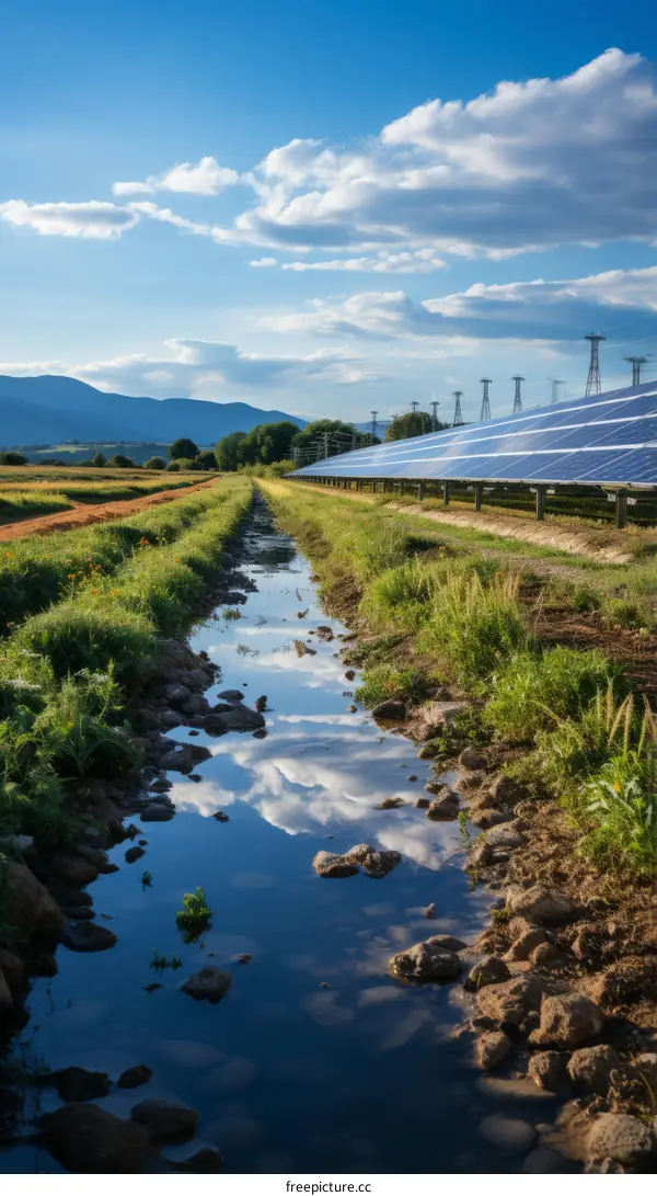 A solar farm in a rural area with a beautiful mountain landscape in the background