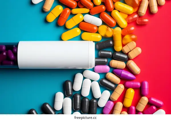 Colorful pills spilling out of a prescription bottle