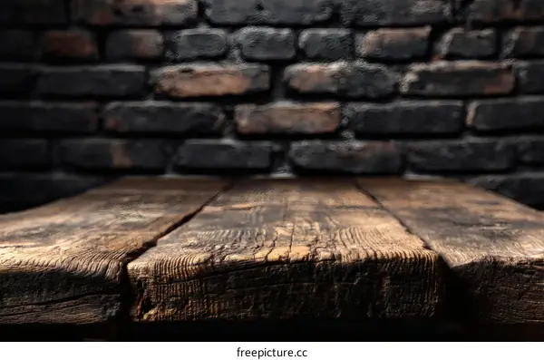 Rustic Wooden Tabletop Against Dark Brick Wall