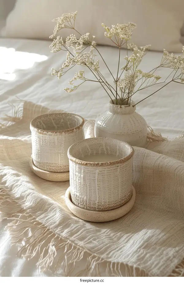 Woven Textured Ceramic Planter With Saucer Set of 2