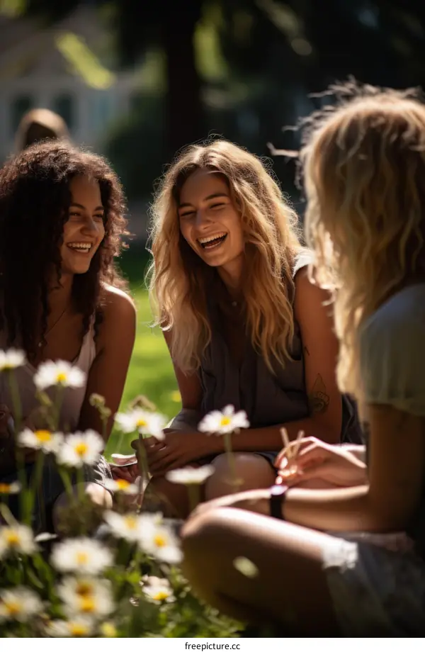 Three young women sitting on the grass in a park, laughing and talking