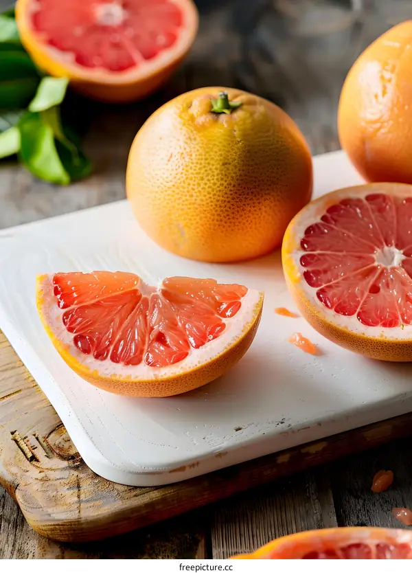Fresh Ripe Grapefruit Slices On White Cutting Board