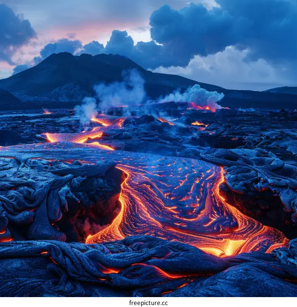 molten lava flowing from erupting volcano at night