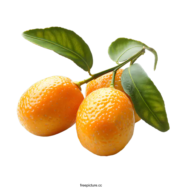 [Transparent Background PNG]three fresh kumquats with green leaves on white background