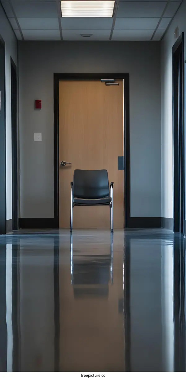 Empty Chair in a Hallway With a Wooden Door