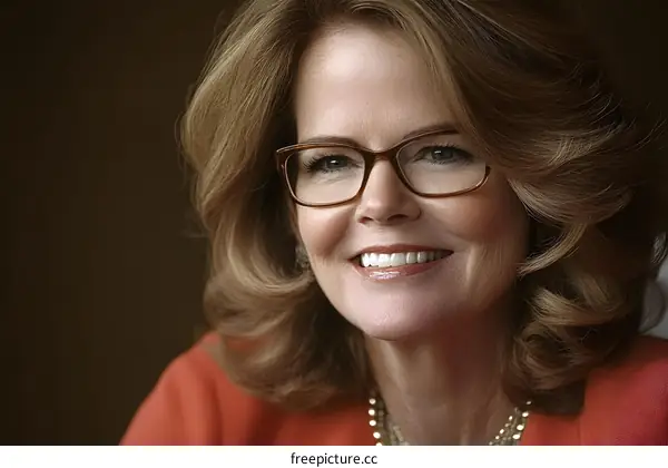 Smiling Woman Wearing Glasses and a Red Blouse