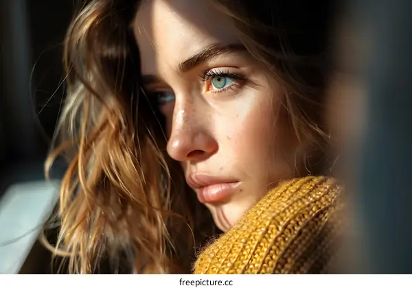 portrait of a beautiful woman with freckles and blue eyes