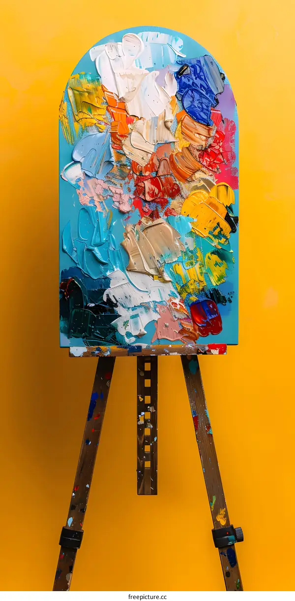 Blue and yellow abstract painting on a wooden easel