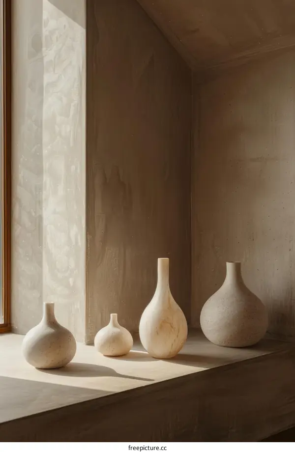 Four Stoneware Vases of Various Sizes and Shapes Displayed on a Wooden Shelf