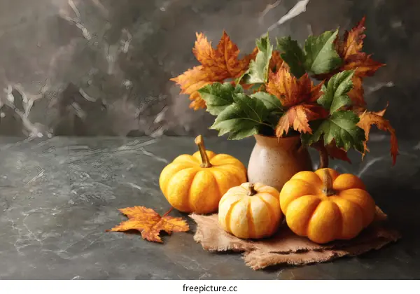 Autumnal Thanksgiving Still Life with Pumpkins and Leaves