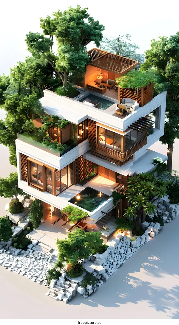 Modern house with rooftop garden and swimming pool