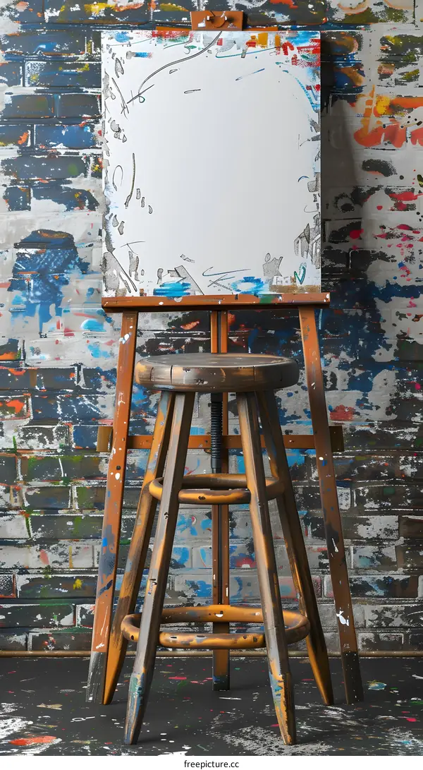 Blank Canvas on Easel with Stool in Art Studio