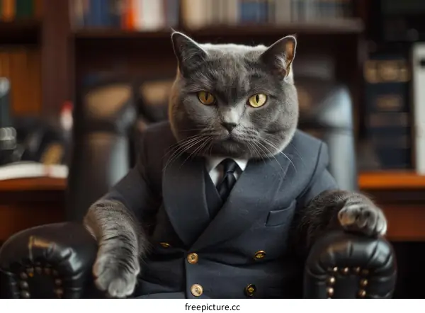 A gray cat wearing a suit is sitting in a leather chair and looking at the camera.
