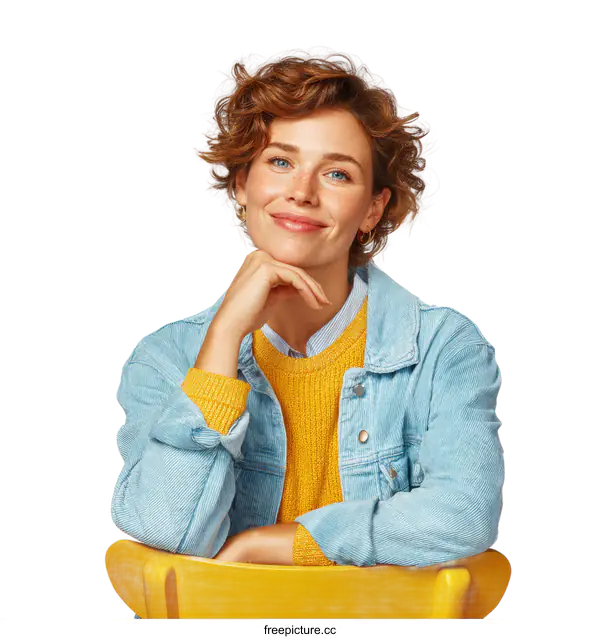 [Transparent Background PNG]Woman with a cheerful expression sitting in a yellow chair