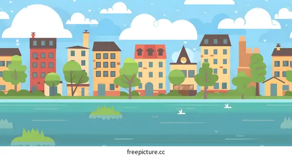 Cartoon Cityscape with River and Buildings