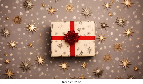 Christmas background with a wrapped present in the center