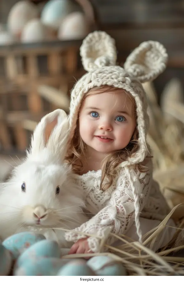 Little girl wearing bunny ears posing with a white rabbit