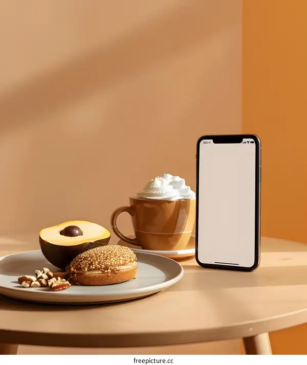 Close Up Of Coffee, Avocado, And Pastry On Wooden Table
