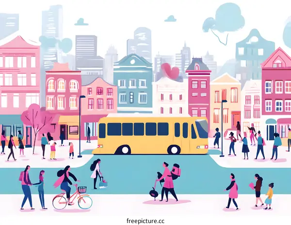 City Life Illustration with People, Buildings and a Bus