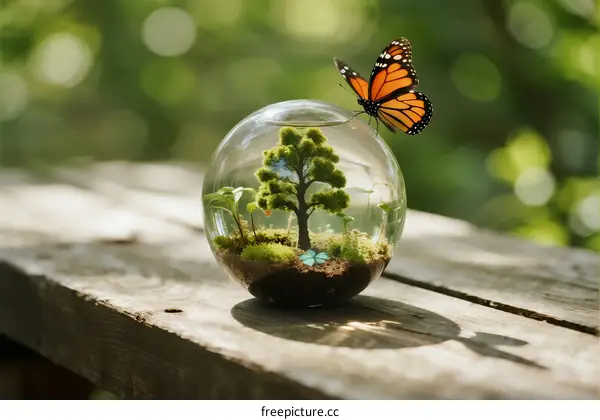 A small glass terrarium with green plants and a butterfly