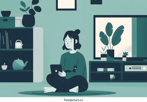 Woman Sitting on Floor Using Tablet With Cat on Lap Illustration