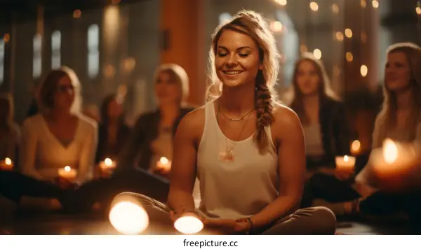 A group of women are sitting in a circle with their eyes closed and hands together in a yoga or meditation pose with candles in front of them