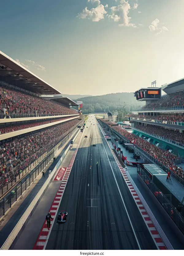Formula One cars racing on a track with spectators in the stands