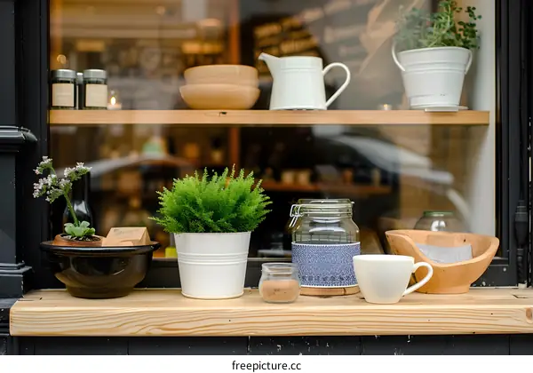 Wooden Windowsill with Plants and Decor in Front of a Cafe