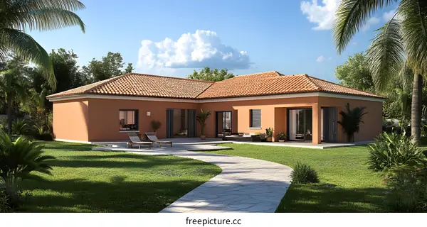 Modern Tropical House with Patio and Palm Trees