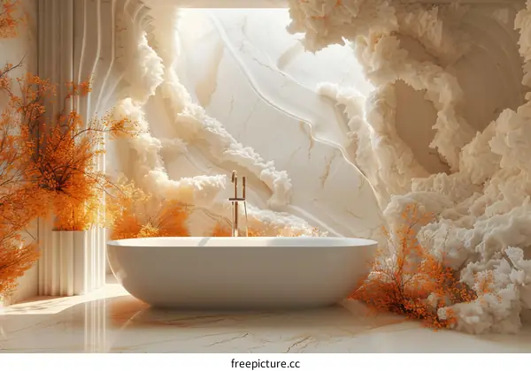 Minimalist bathroom with an oval bathtub and orange trees