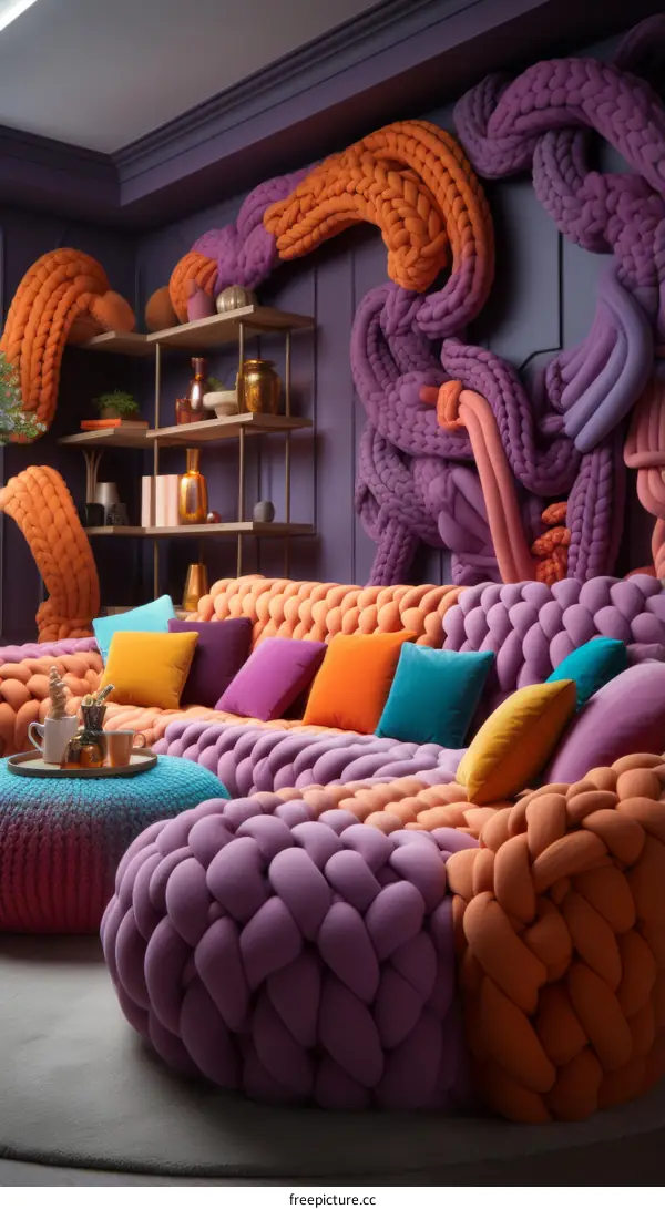 Modern Colorful Living Room Interior Design with Shaggy Carpet